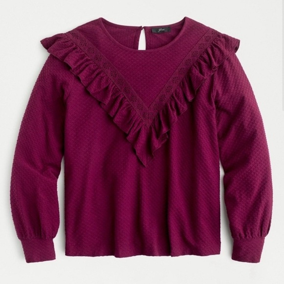 J. Crew Ruffle Trim Honeycomb Knit Cotton Blouse Top Plum Large Feminine Fall - Picture 1 of 11